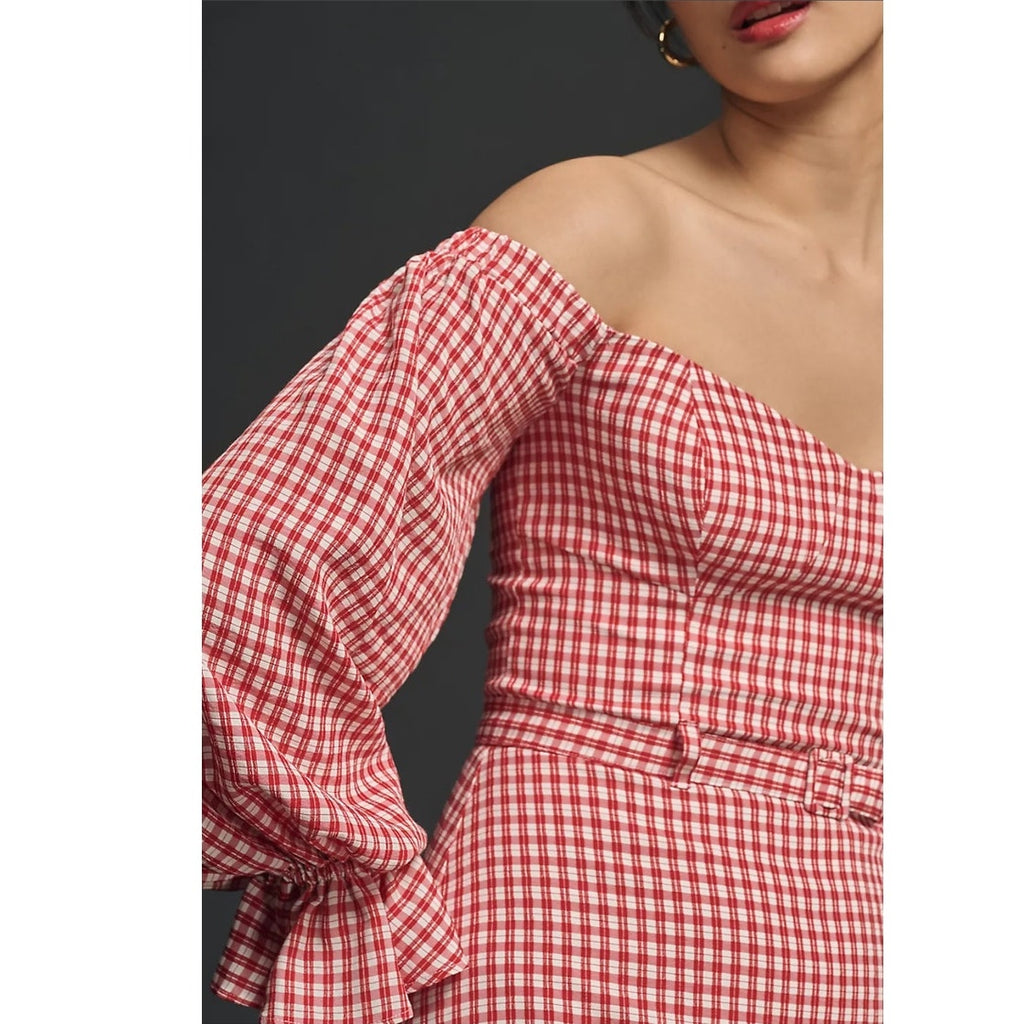 Anthropologie Maeve Off-The-Shoulder Ruffled Mini Dress $178 8P Red Petite