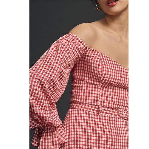 Red-and-white gingham off-shoulder bodice with long puff sleeves and ruched waist