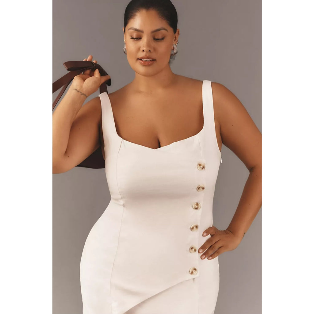 New By Anthropologie Sleeveless Square-Neck Linen Button Wrap Midi Dress $178