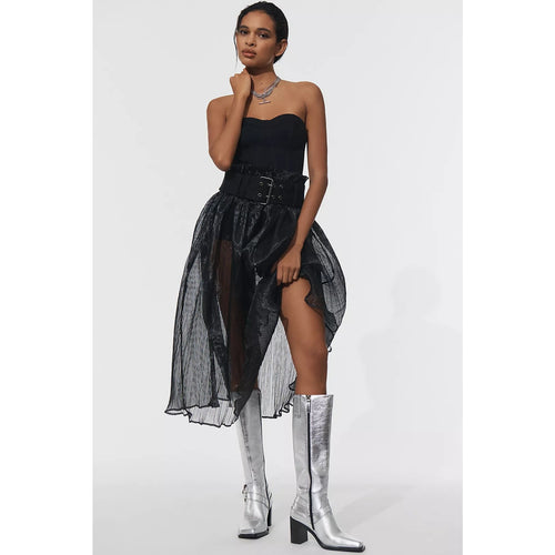 Black strapless bodysuit with sheer tiered skirt, belted waist