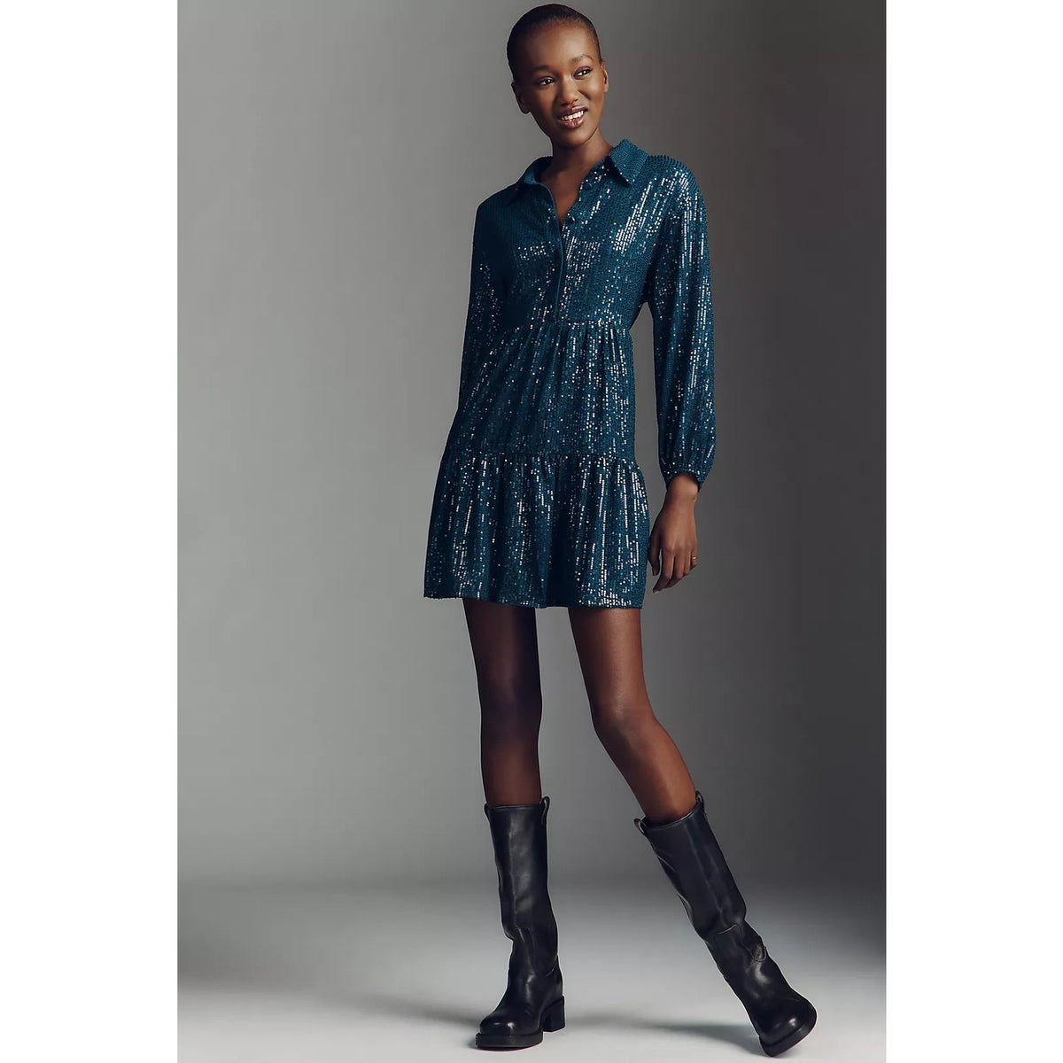 Sequin mini shirt dress in teal with long sleeves and tiered skirt