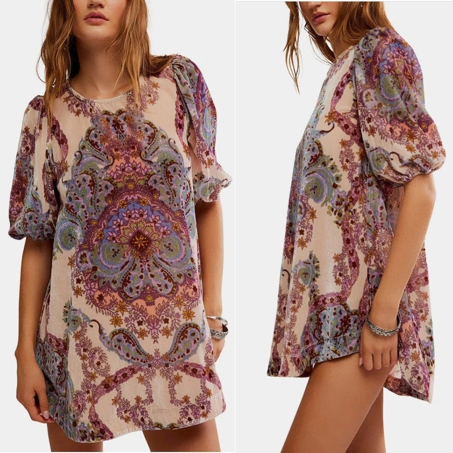 Free People Maye Printed Velvet Tunic Mini Dress X-SMALL Oversized Top Free People
