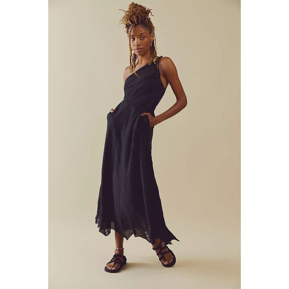 New FREE PEOPLE Bella Maxi Dress ONE-SHOULDER $168 X-SMALL Black Lace