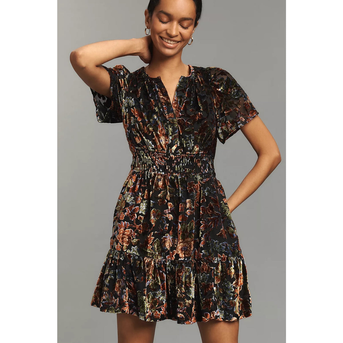 Black floral burnout velvet mini dress with short sleeves and V-neck