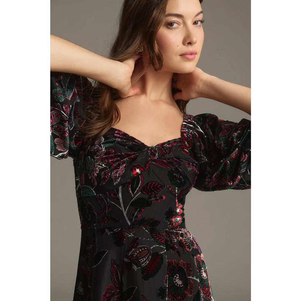 New ANTHROPOLOGIE  Hutch Printed Twist-Front Puff-Sleeve Ruffle-Hem Dress $228 S