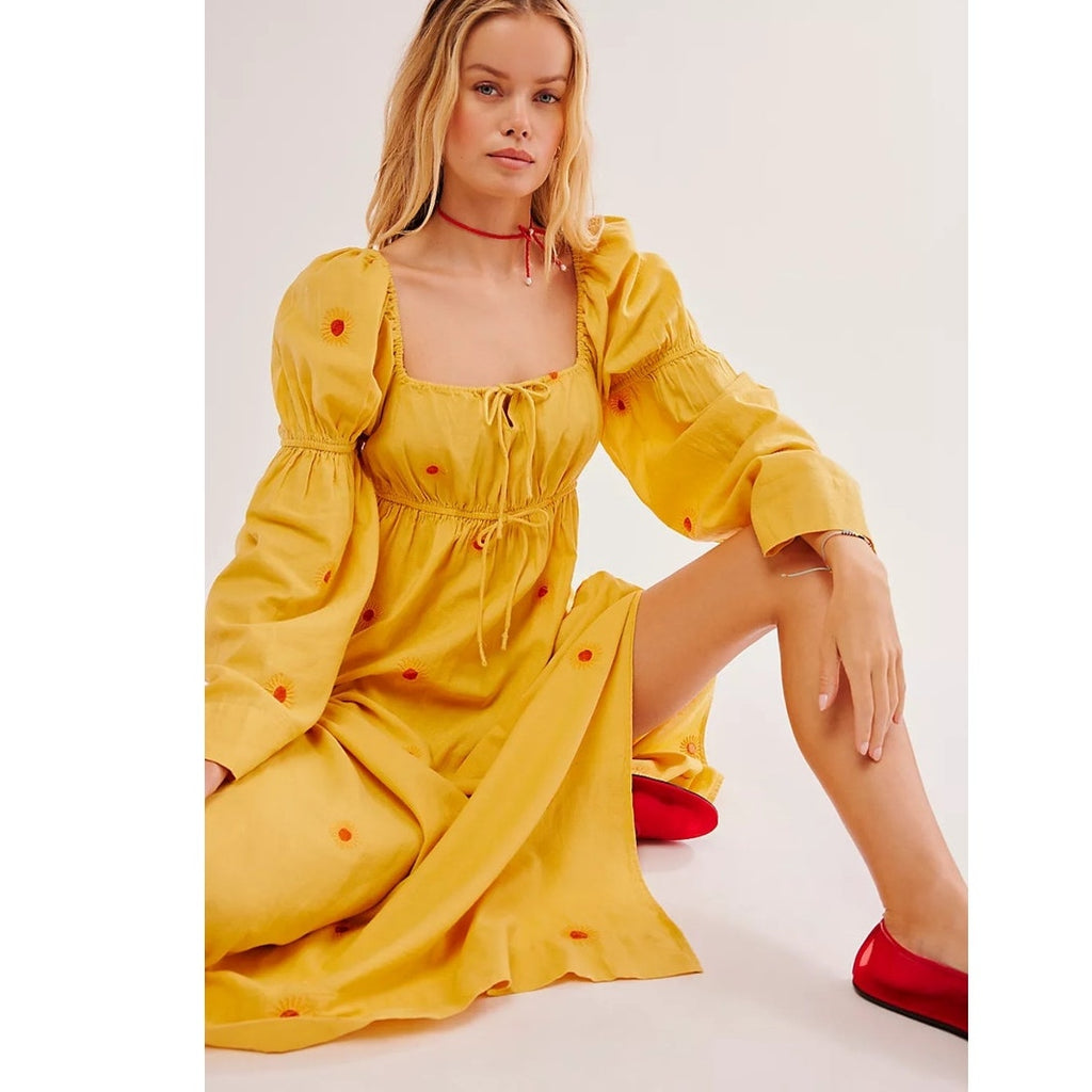 Free People Emory Embroidered Midi Dress $168 SMALL Yellow