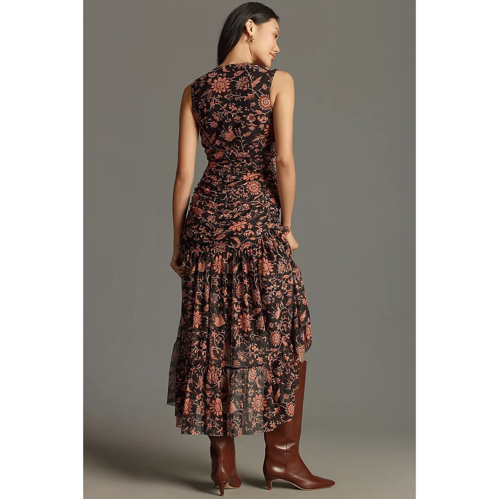 New ANTHROPOLOGIE 4SI3NNA V-Neck Sleeveless Midi Dress $148 SMALL Floral Black