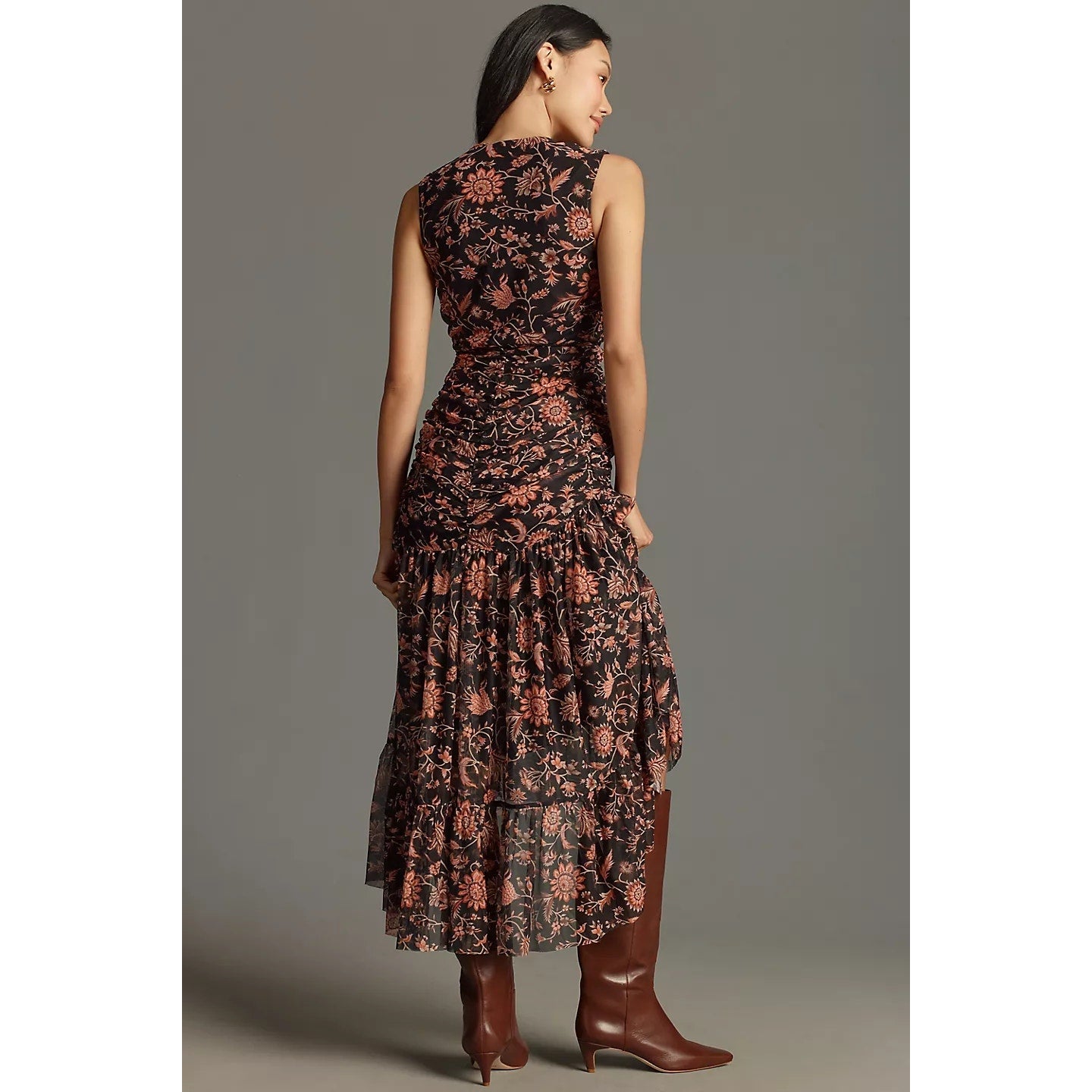New ANTHROPOLOGIE 4SI3NNA V-Neck Sleeveless Midi Dress $148 SMALL Floral Black