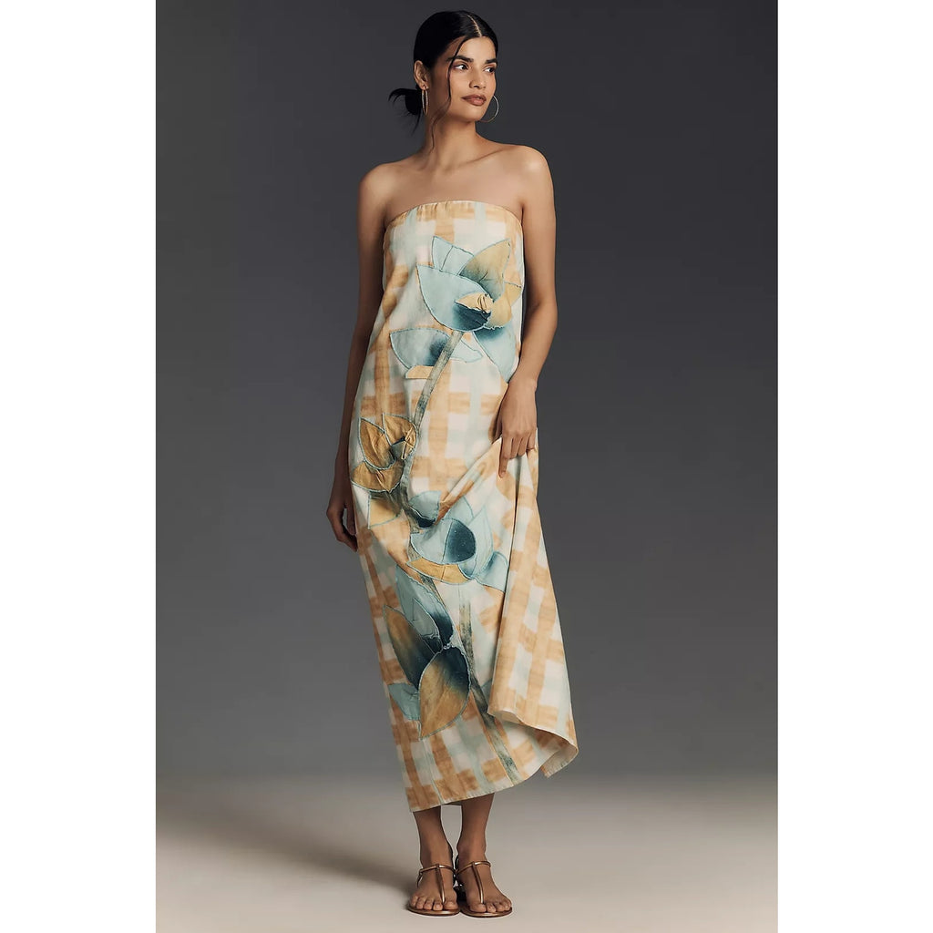 Anthropologie Strapless Cotton Linen Dress X-LARGE Blue/Yellow Applique Anthropologie