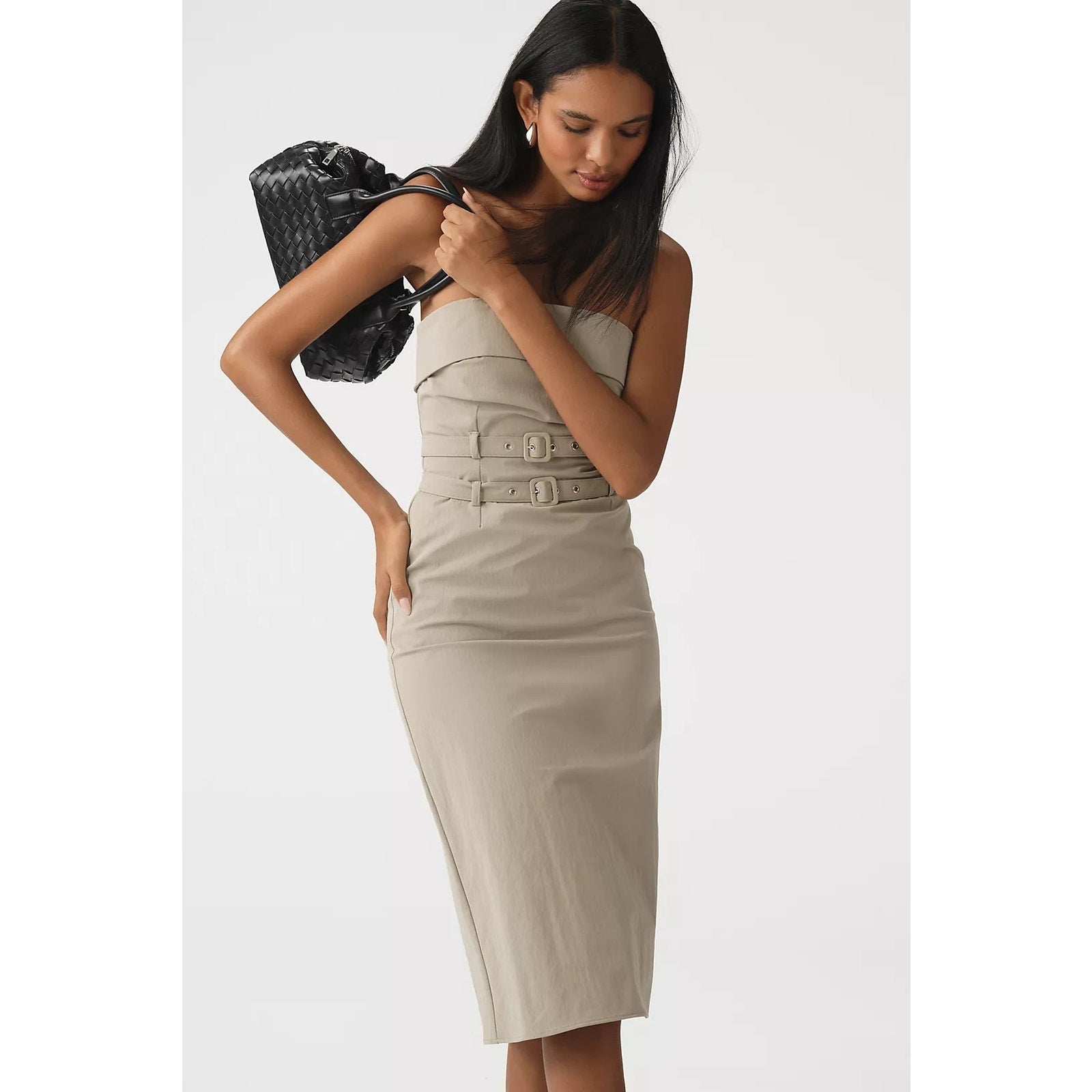 Anthropologie Maeve Strapless Belted Midi Dress X-LARGE Khaki Anthropologie
