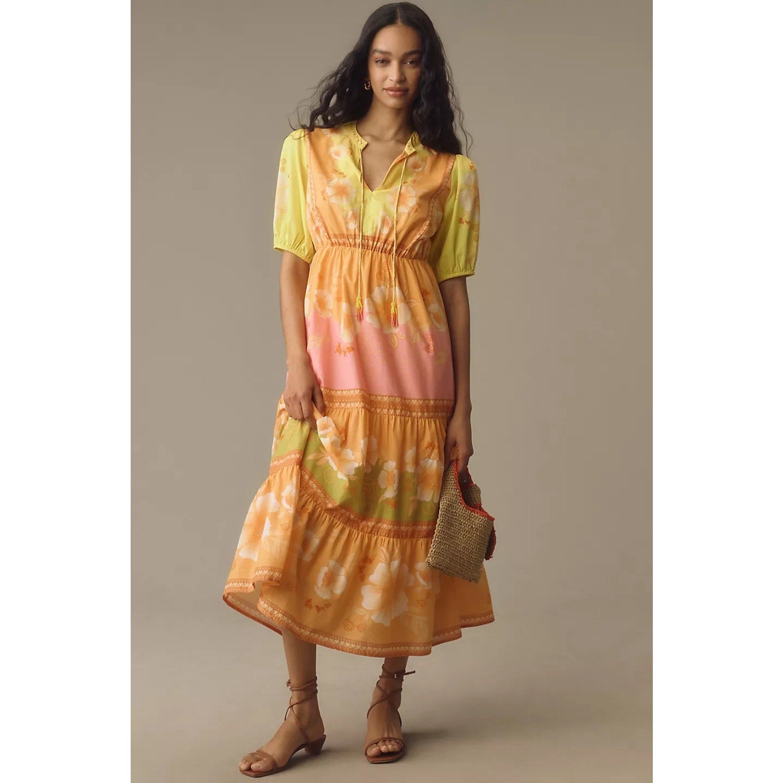 New Farm Rio x Anthropologie Short-Sleeve Tiered Midi Dress $238 XXS Yellow