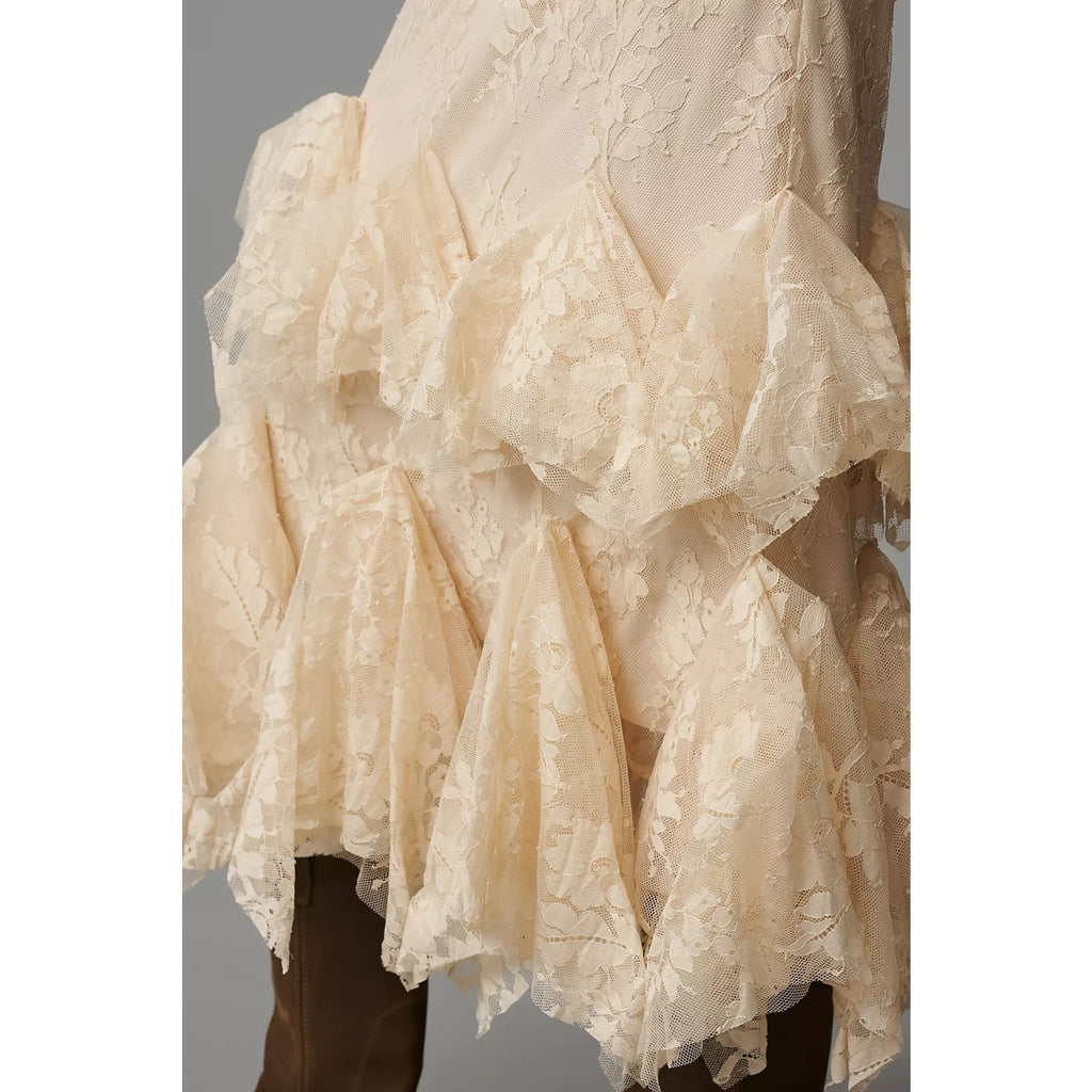 Anthropologie Mare Mare Lace Tiered Midi Skirt $258 X-SMALL Tan BOHO CHIC
