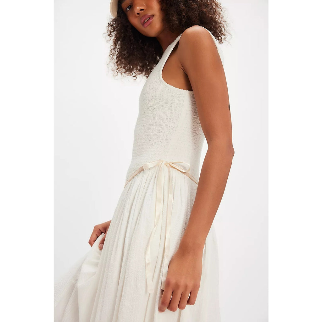 FREE PEOPLE Nightingale Seersucker Midi Dress MEDIUM Ivory SMOCKED Free People