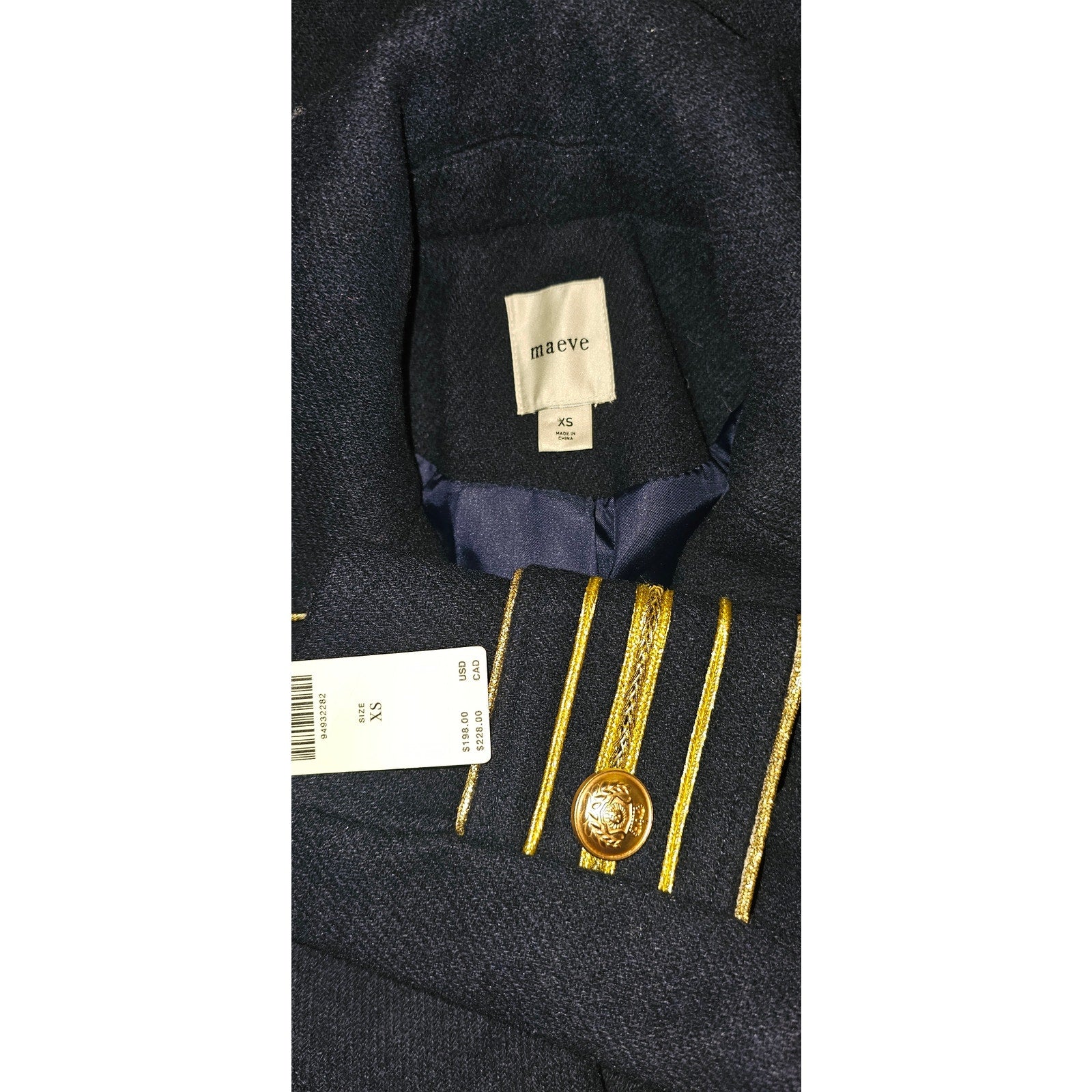 New Anthropologie Maeve Military Peacoat $198 X-SMALL Navy Double Breasted
