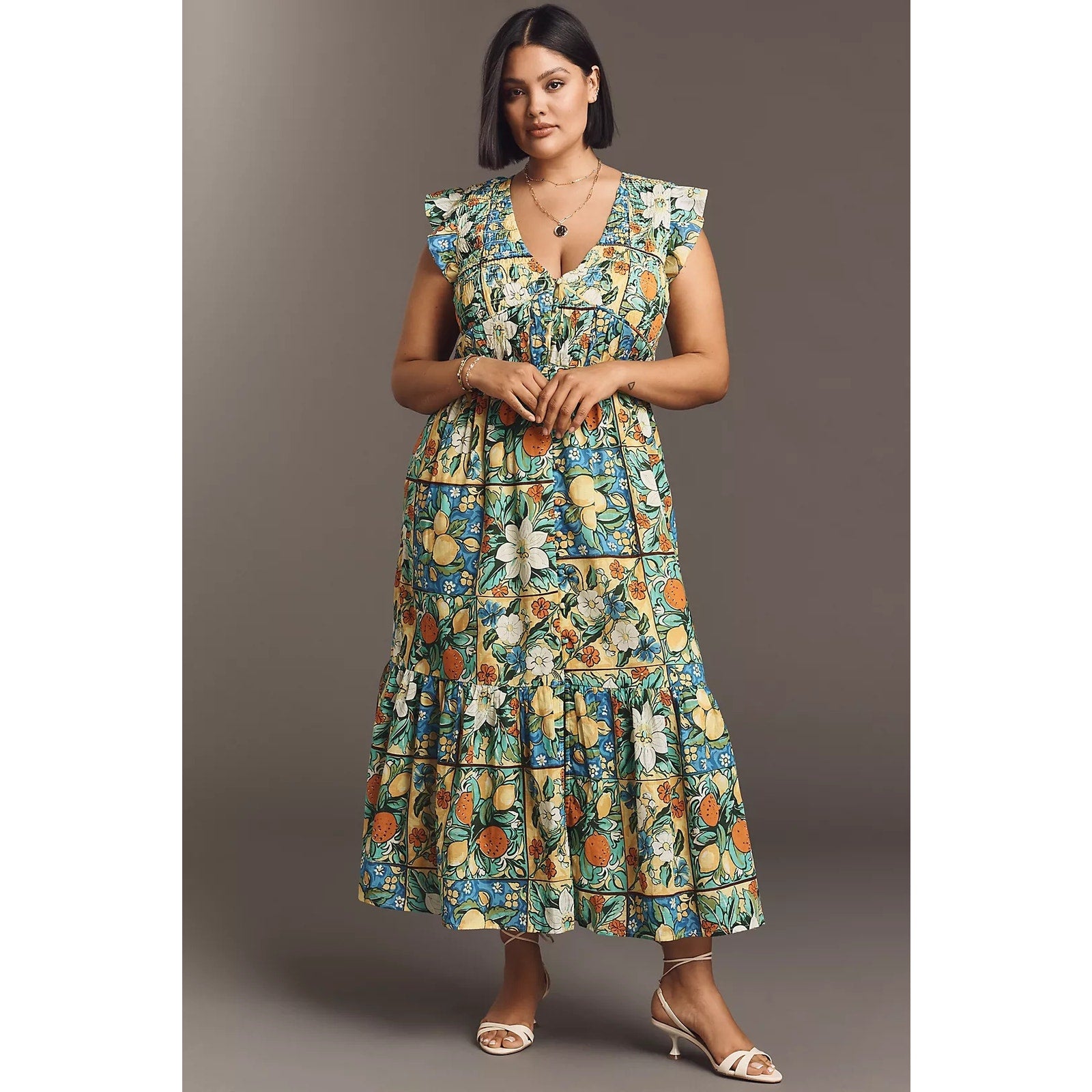 Anthropologie The Peregrine Midi Dress XXS Size 00 Floral Fruit Motif Anthropologie