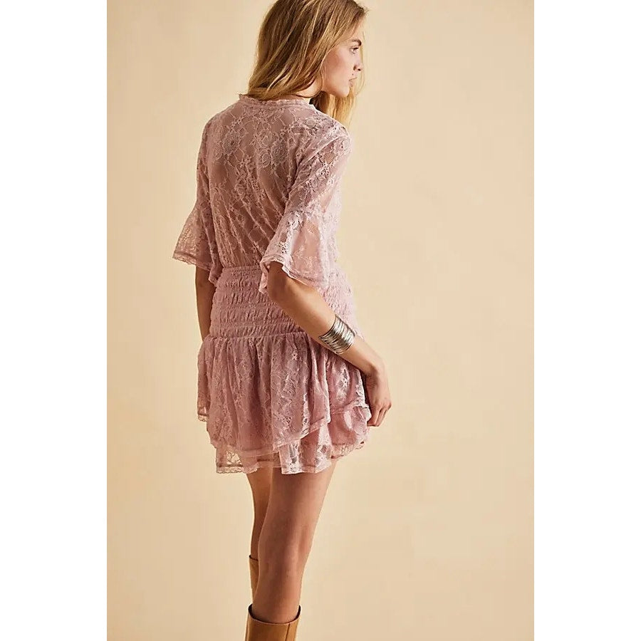 New FREE PEOPLE Lala Lace Mini Dress $128 SMALL Pink Rose Front Tie Sultry