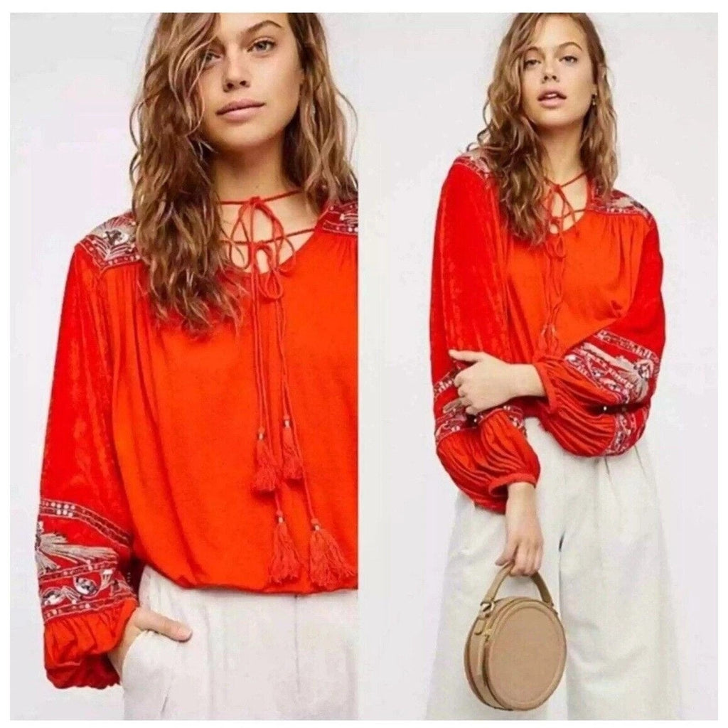 New Free People Hearts Aflame Orange Balloon Long-Sleeve Sequin Top $128 S Red