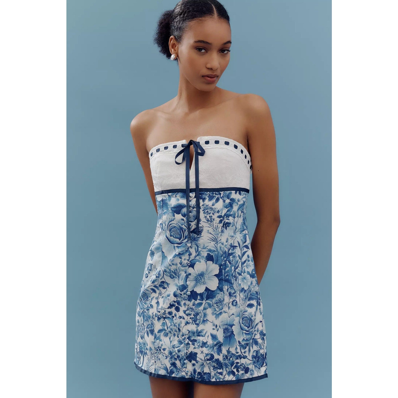 Anthropologie Maeve Strapless Tie-Front Mini Dress X-Large Blue Floral Anthropologie