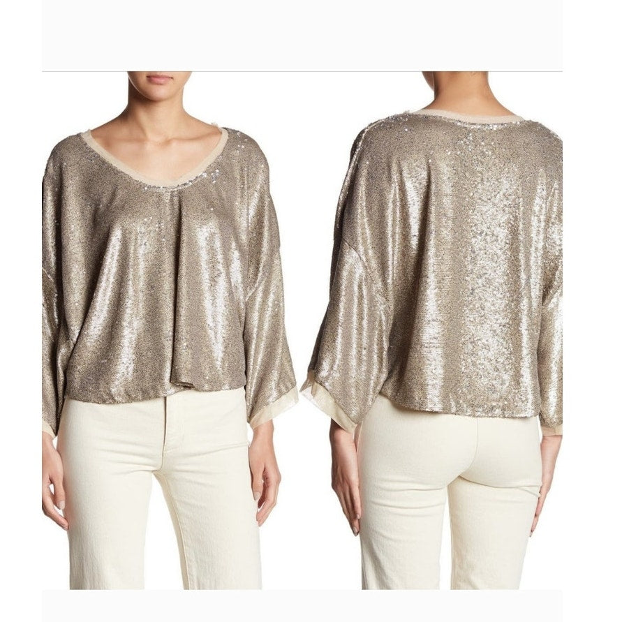Free People Champagne Dreams Sequins Cropped Glam Tee