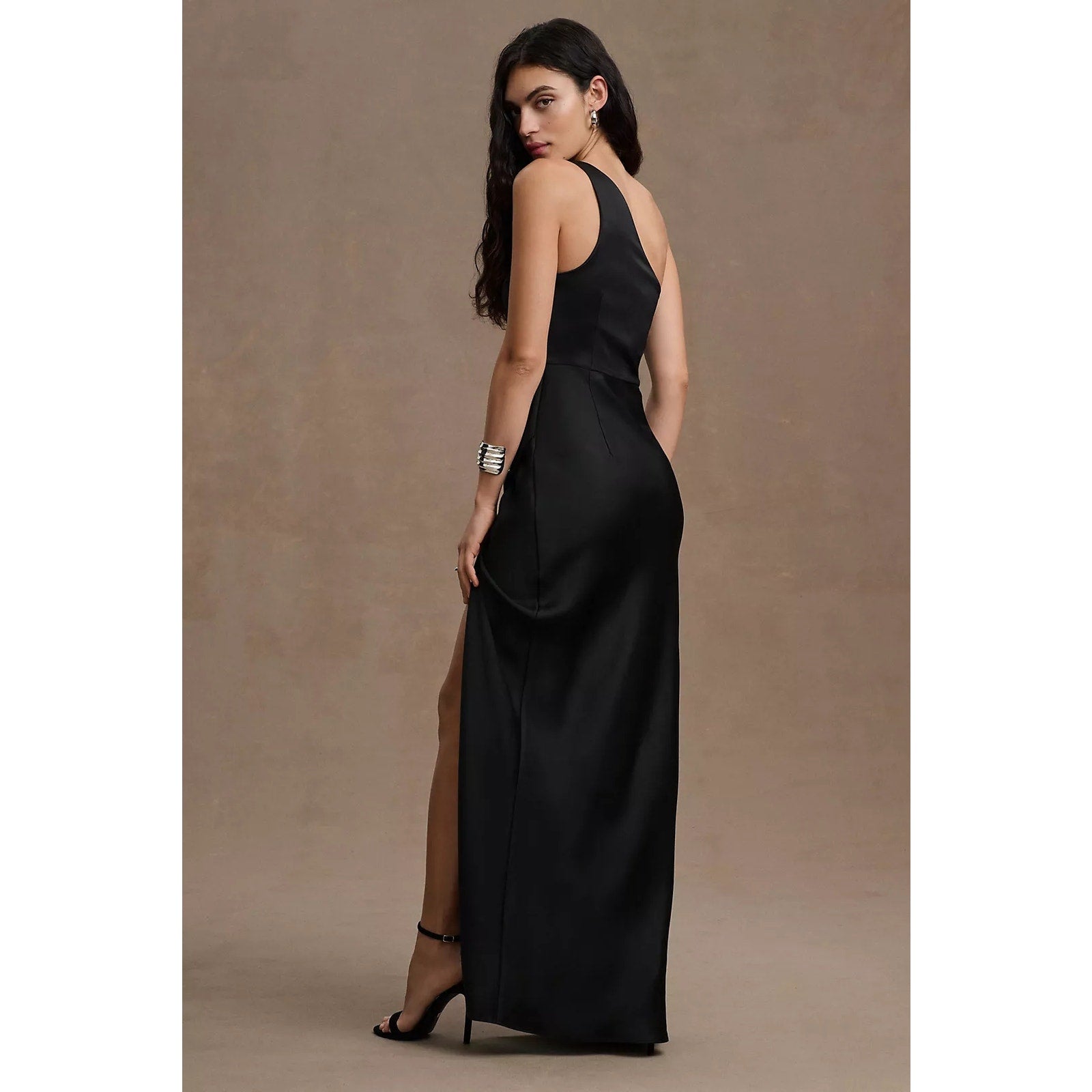 Anthropologie BHLDN Dylan One-Shoulder Satin Side-Slit Gown $250 Sz 4 Black