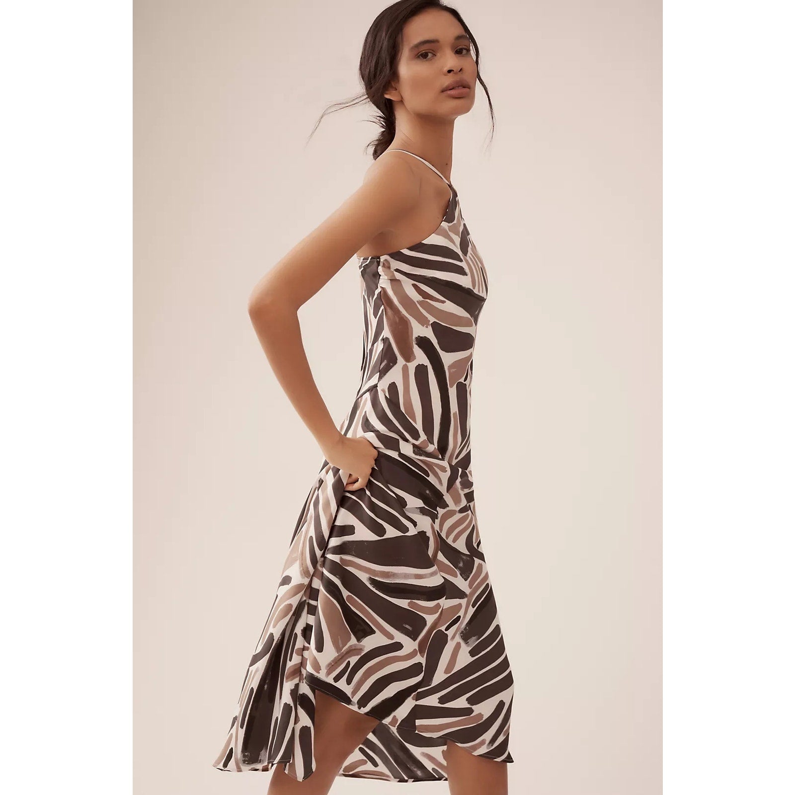 New By Anthropologie Halter Slip Midi Dress $158 SMALL Neutral Asymmetrical