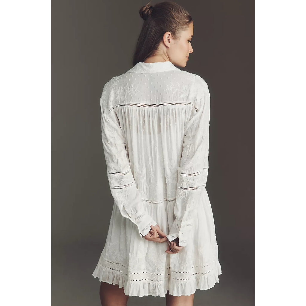 Anthropologie Embroidered Mini Shirt Dress SMALL White Long Sleeve Anthropologie