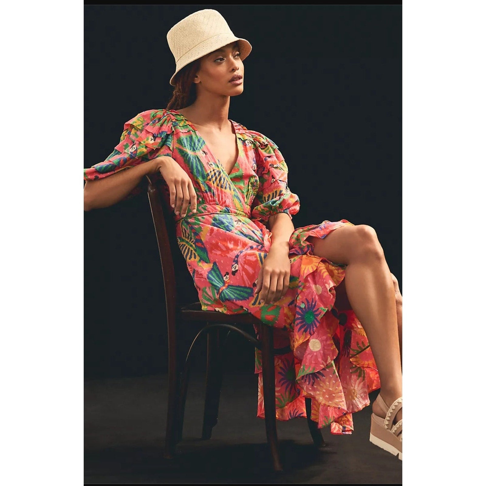 Anthropologie Farm Rio Macaw Ruffled Wrap Dress SMALL MEDIUM Coral Anthropologie