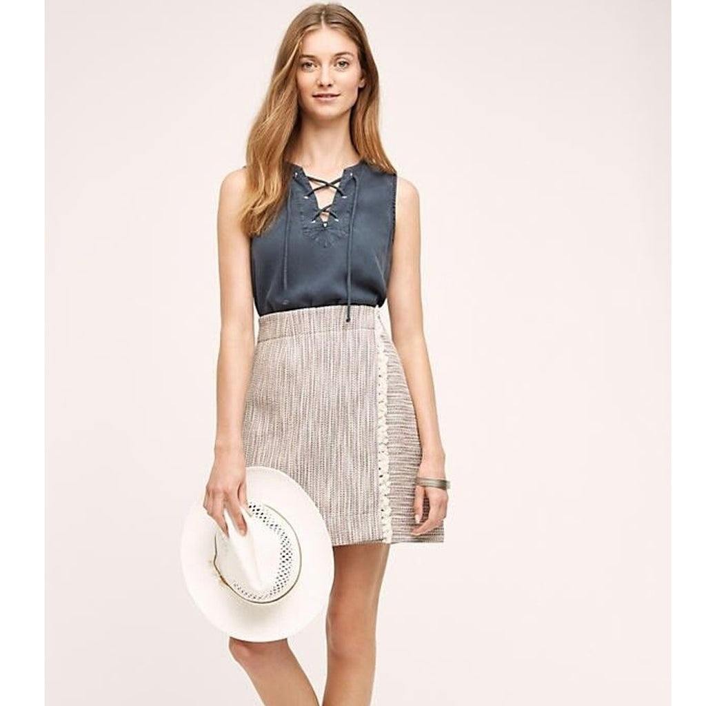 New Anthropologie Wrapped Fringe Mini Skirt By Maeve Size 6 $118 Blue Motif