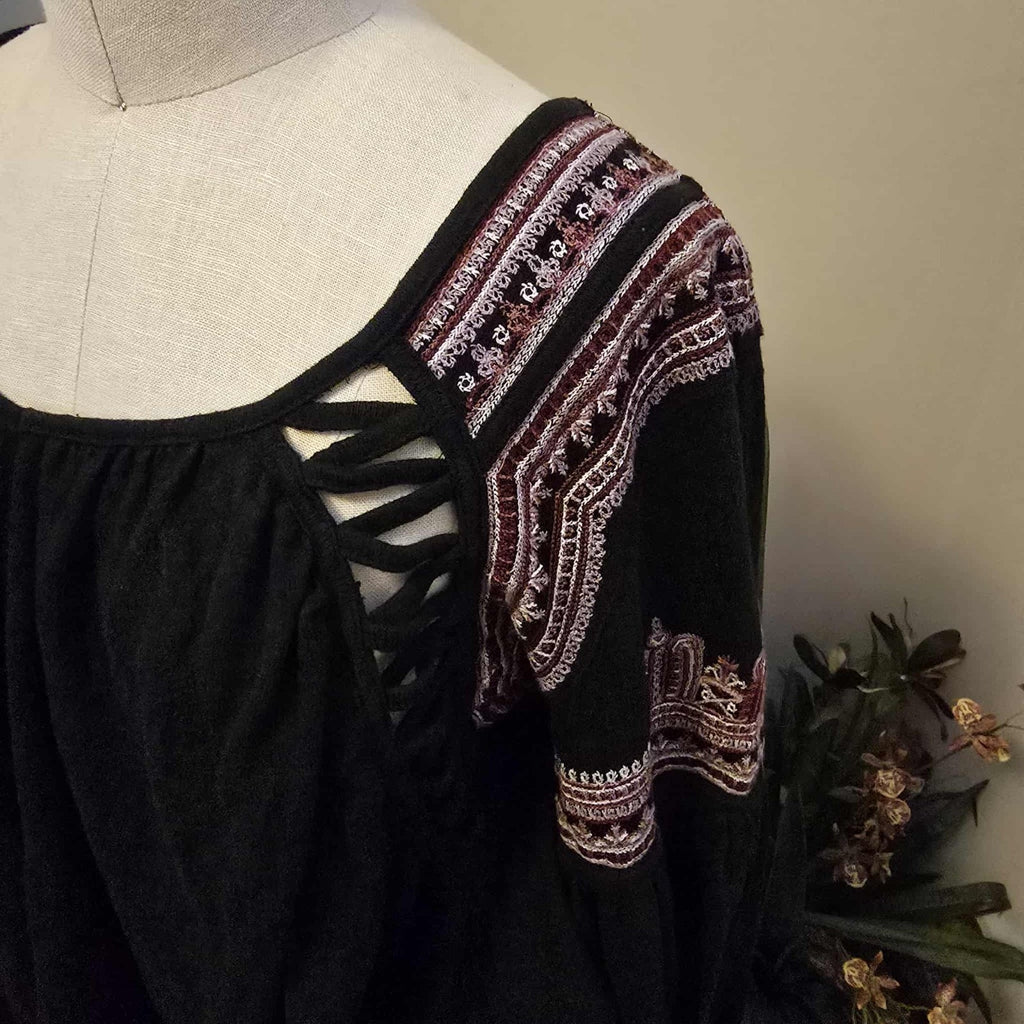 New Free People Snow Kisses Embroidered Long Sleeve Blouse $128 Small Black Boho