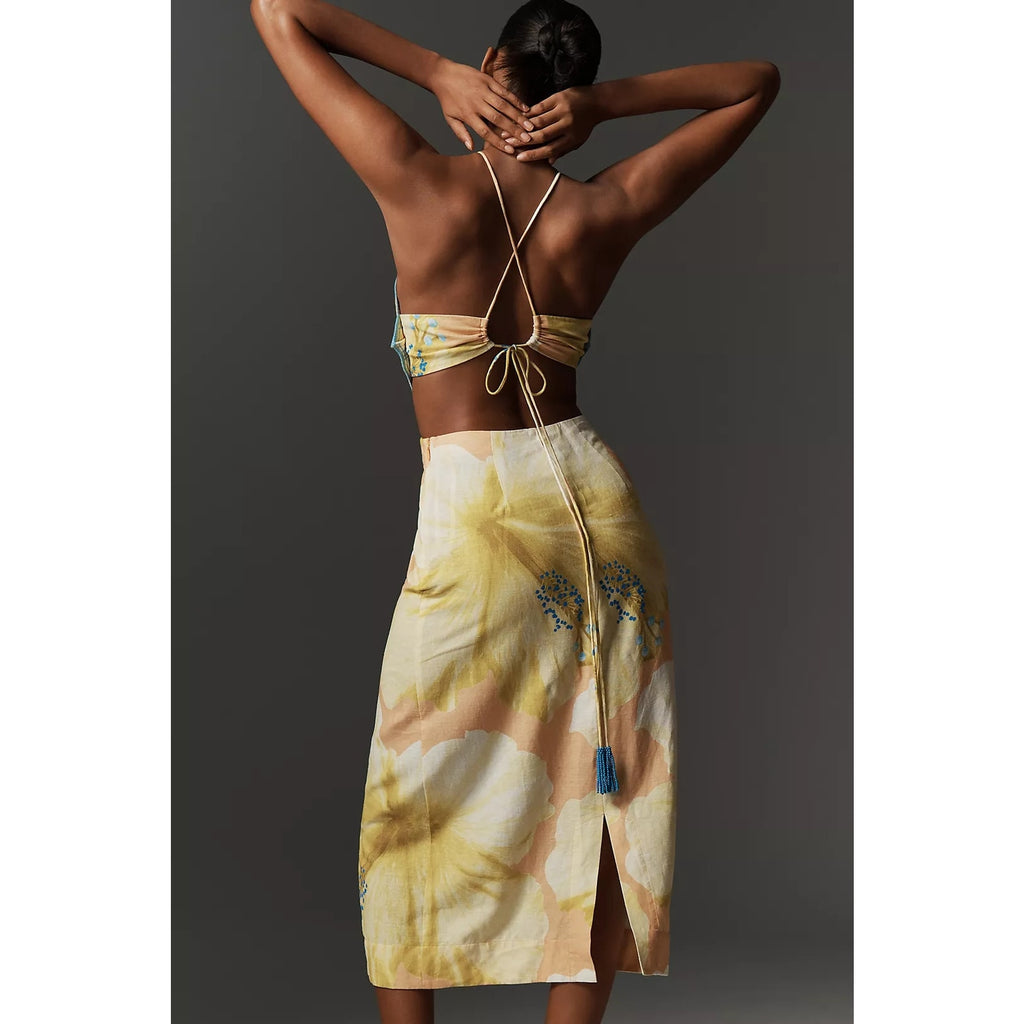 Farm Rio x Anthropologie Floral Printed Linen Blend Halter Midi Dress L FARM Rio for Anthropologie
