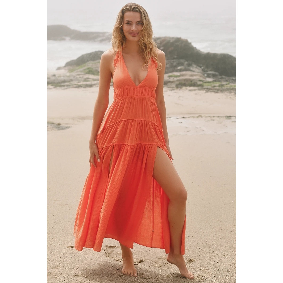 Anthropologie Celandine Sleeveless Plunge Midi Dress X-LARGE Orange Anthropologie