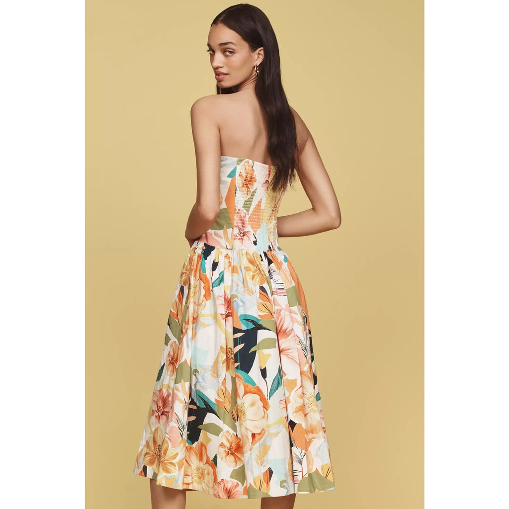Anthropologie Drop-Waist Midi Dress Size Large Yellow Floral Anthropologie