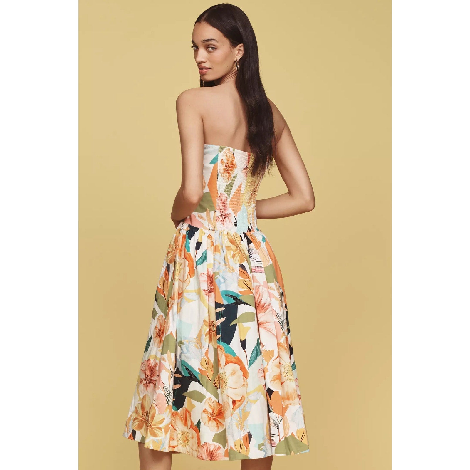 Anthropologie Drop-Waist Midi Dress Size Large Yellow Floral Anthropologie
