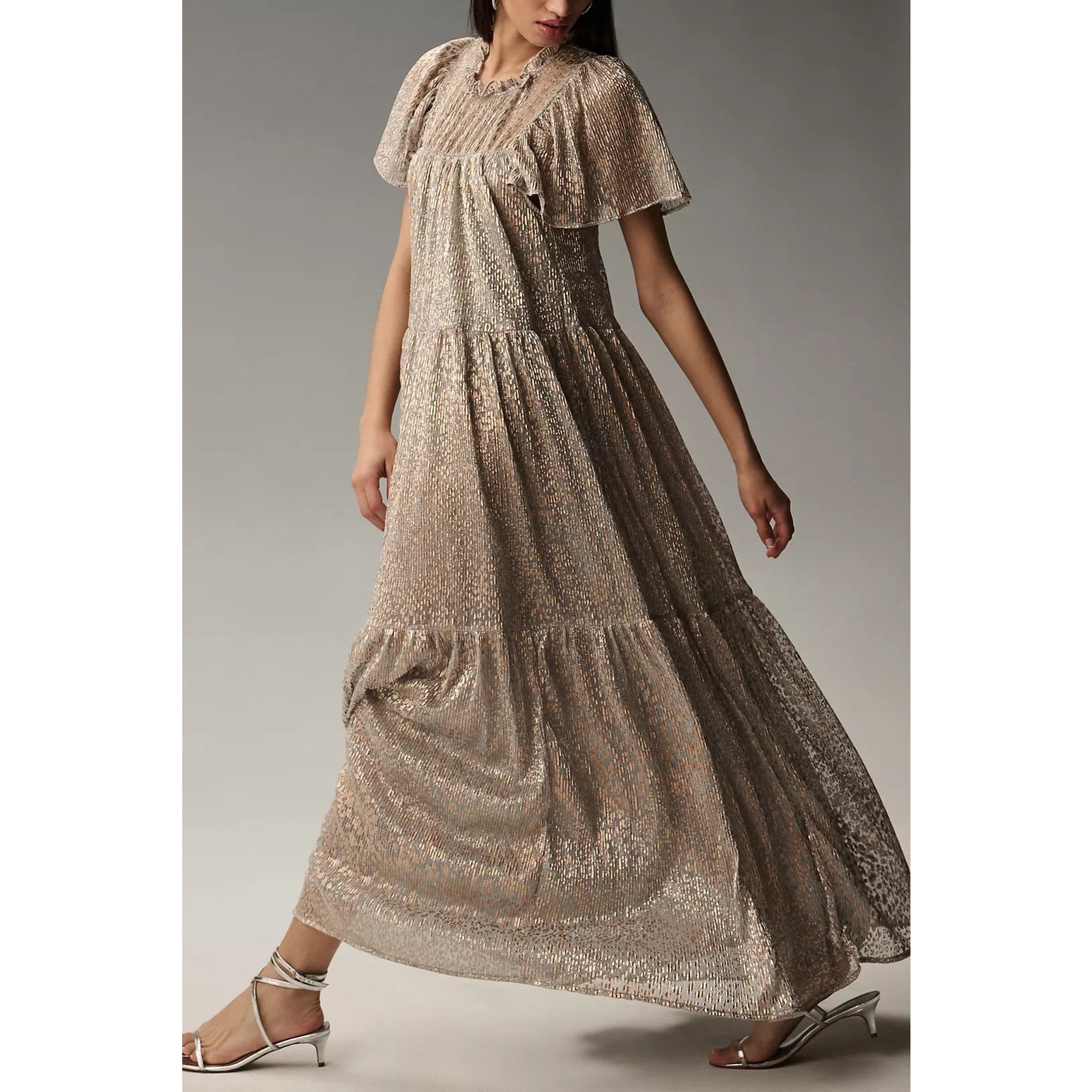 New By Anthropologie Short-Sleeve Mock-Neck Maxi Dress $178 SMALL Silver & Gold