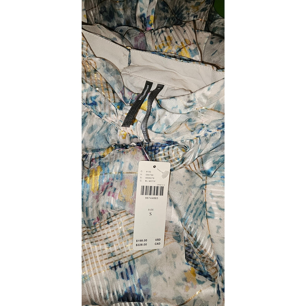 Anthropologie The Somerset Chiffon Maxi Dress SMALL Blue Gold Motif Anthropologie