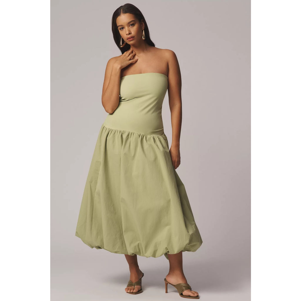 Anthropologie Mare Mare Strapless Drop-Waist Bubble Midi Dress XS Green Anthropologie