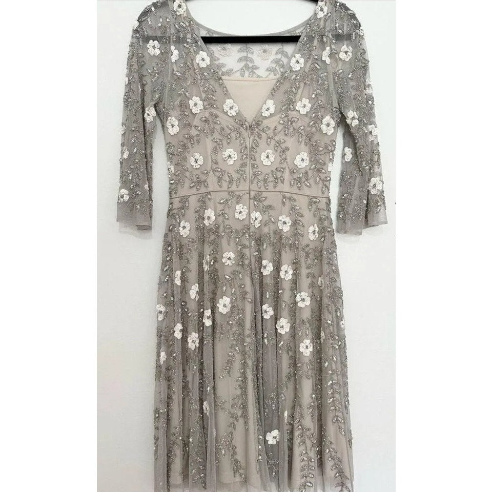 Anthropologie BHLDN Aidan Mattox Sun Valley Dress SIZE 4 Silver Floral Anthropologie
