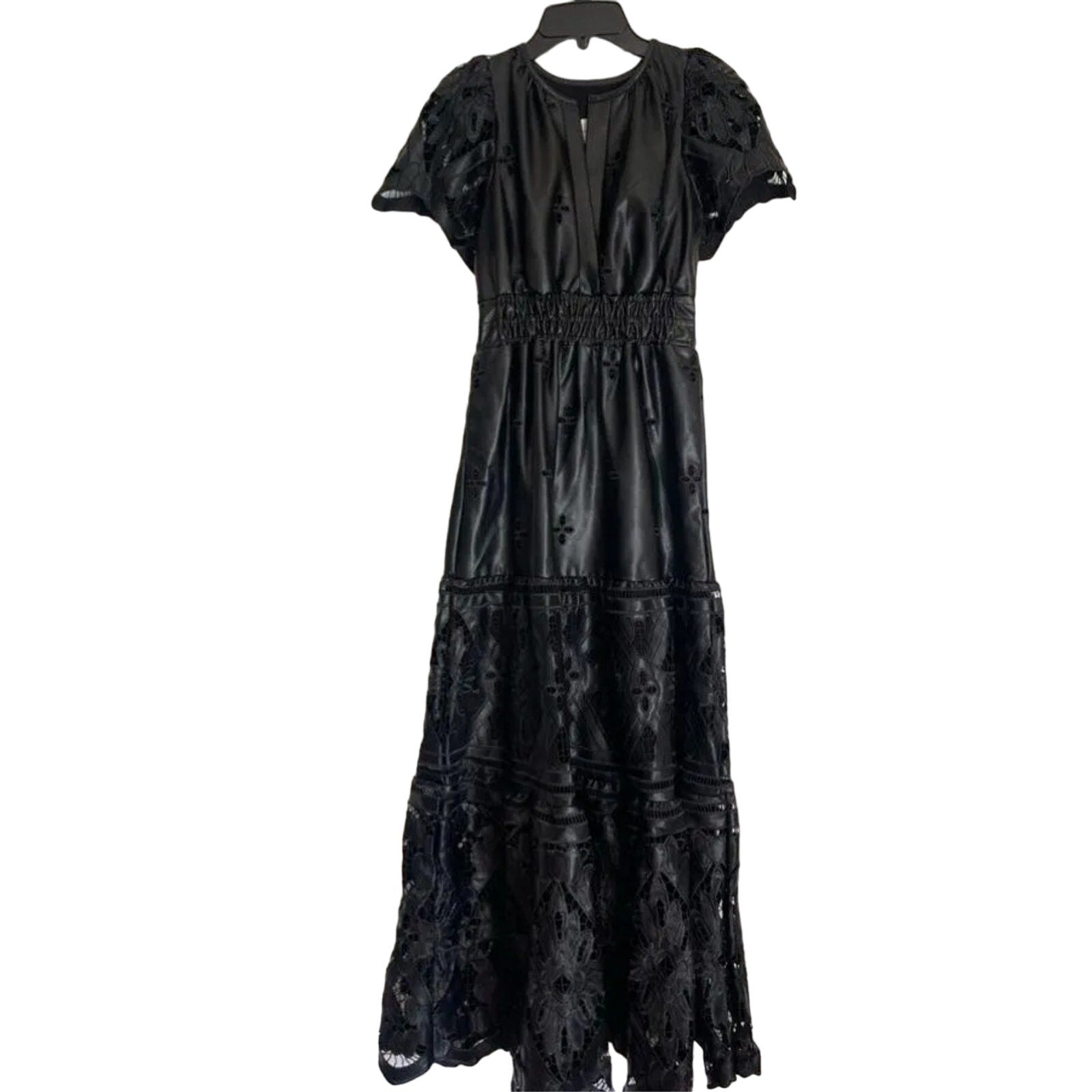 Anthropologie The Somerset Maxi Dress: Faux Leather Embroidered BLACK XS