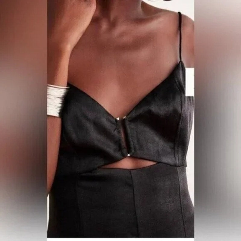 New FREE PEOPLE Abbie Jumpsuit SATIN $250 SIZE 2 Black SPECIAL OCCASION Wideleg