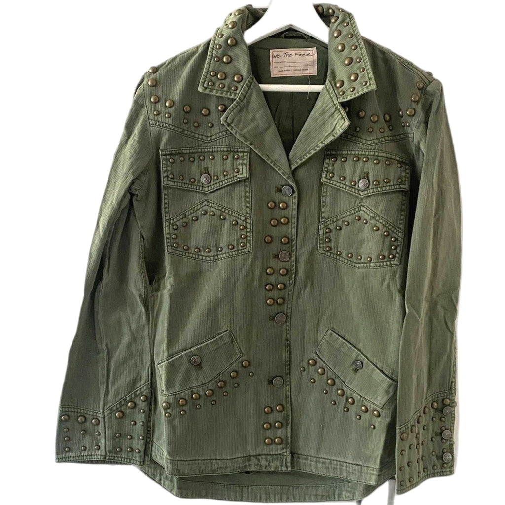 New Free People WTF Rock and Stud Shirt Jacket $348 Army Green XS 0/2