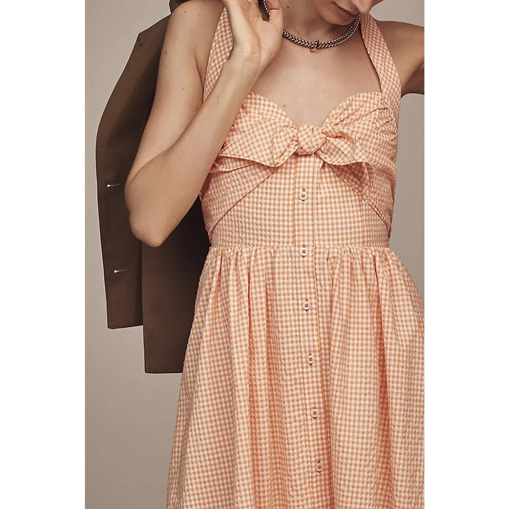 ANTHROPOLOGIE Maeve Halter Bow-Front Midi Dress LARGE Yellow Gingham Anthropologie