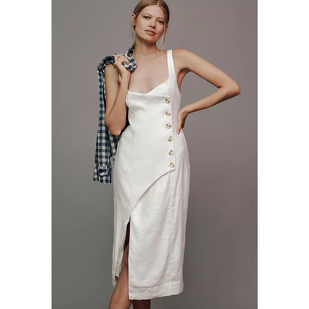 Anthropologie Sleeveless Square-Neck Linen Button Wrap Midi Dress 1X Anthropologie