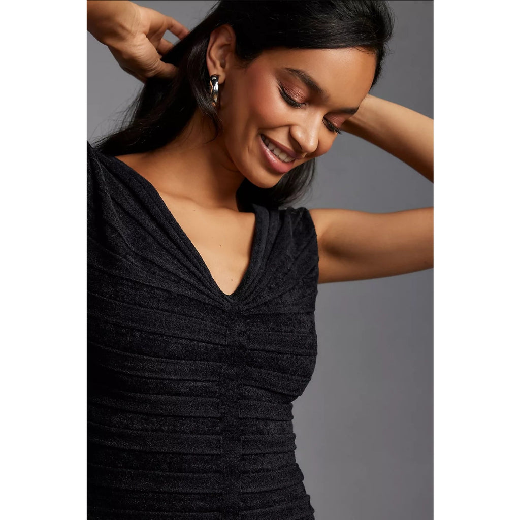 New By Anthropologie V-Neck Chenille Midi Dress $248 X-SMALL Black
