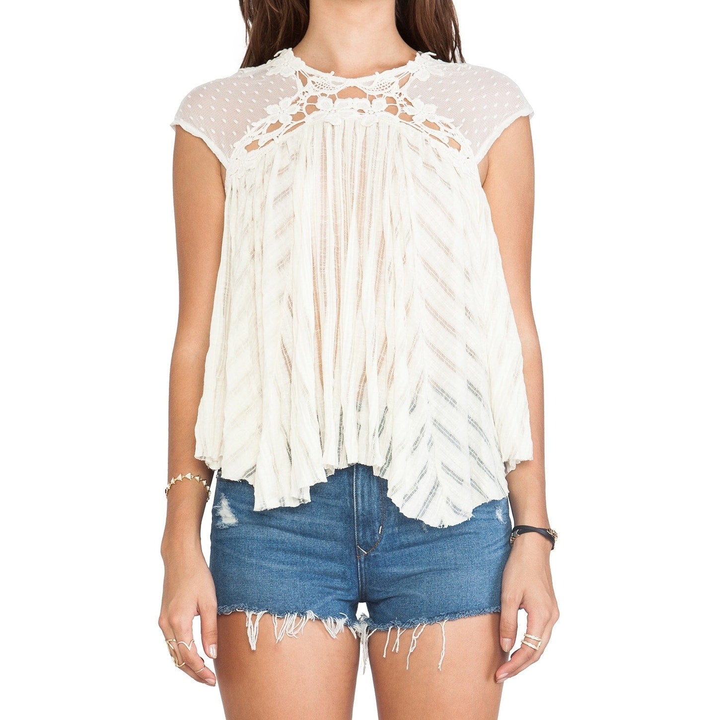 Free People Stars Align Swing Semi Sheer Lace Top X-SMALL Eggshell Free People