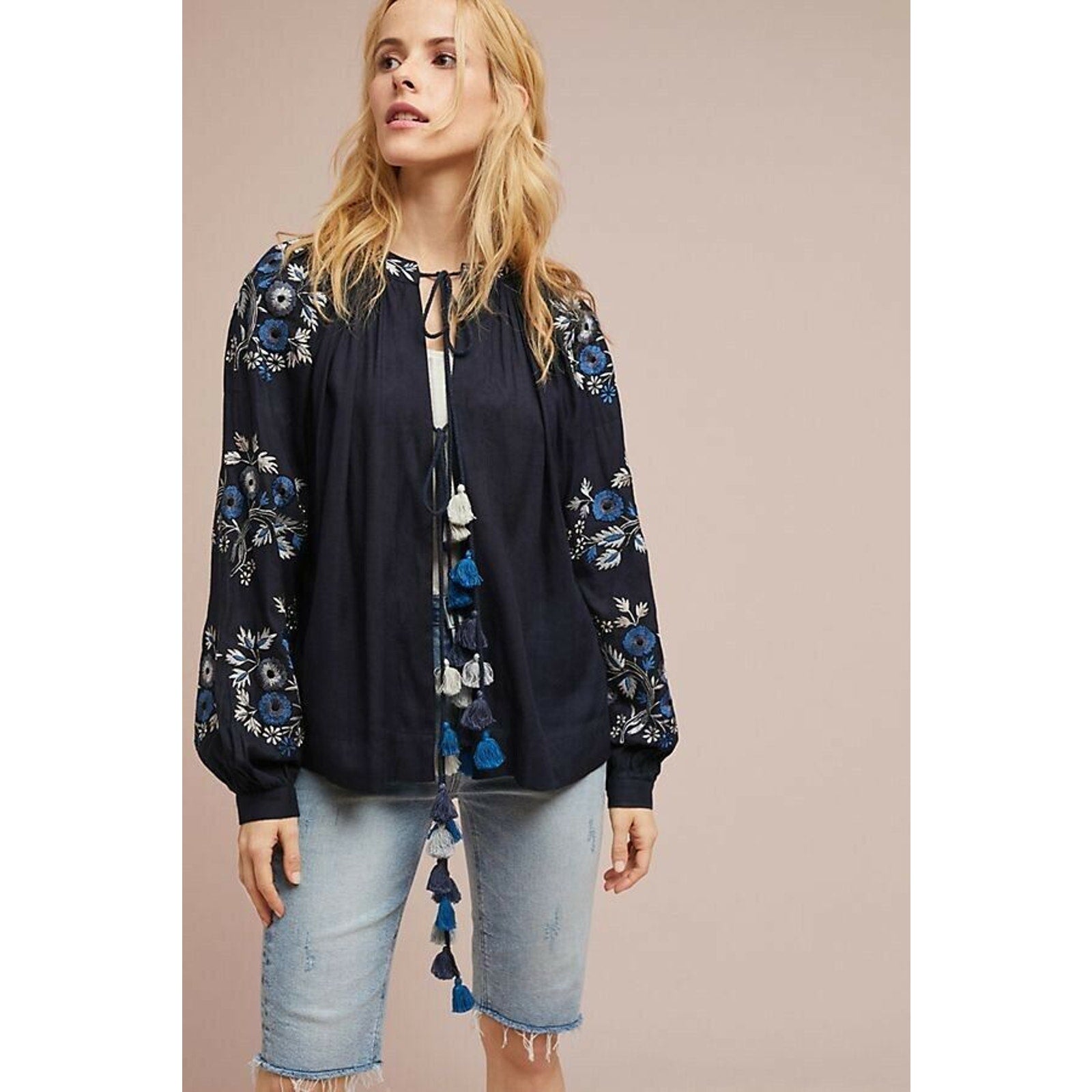 New Anthropologie Tasseled Embroidered Floral Jacket by Ranna Gill $158 Blue XS