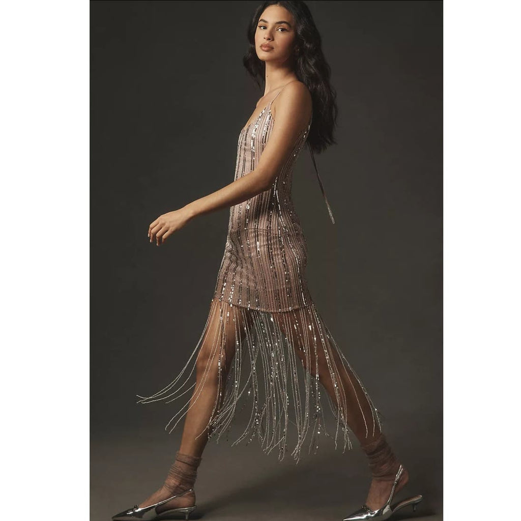 New Anthropologie Maeve Scoop-Neck Beaded Fringe Midi Dress $268 SIZE 14P Mauve