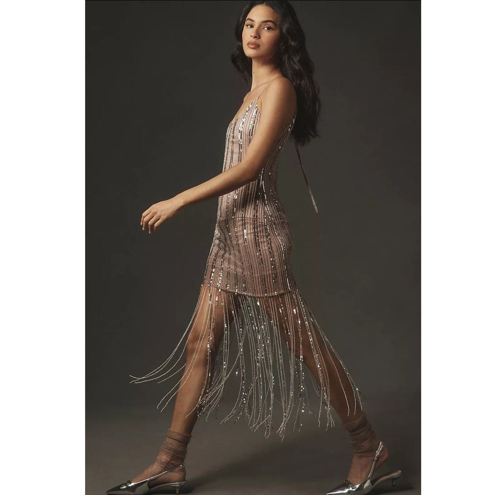 New Anthropologie Maeve Scoop-Neck Beaded Fringe Midi Dress $268 SIZE 14P Mauve