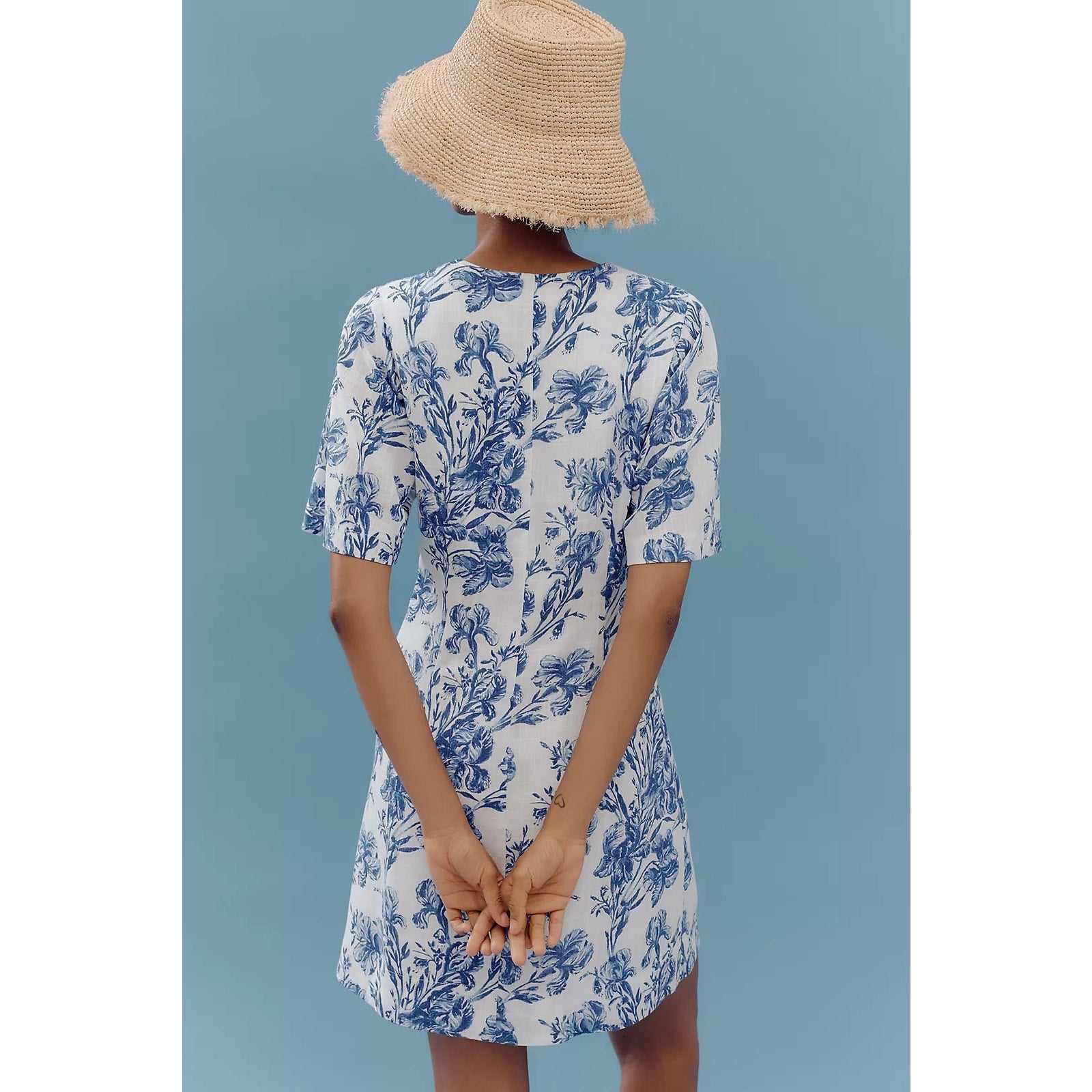 ANTHROPOLOGIE Porridge Short-Sleeve Crew-Neck Linen Printed Mini Dress Anthropologie