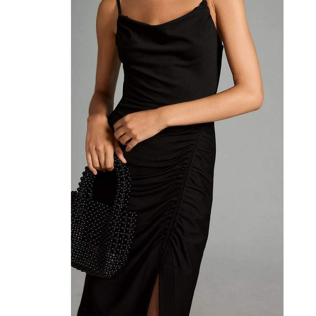 New By Anthropologie Cowl-Neck Ruched Dress $160 X-SMALL Black Asymmetrical