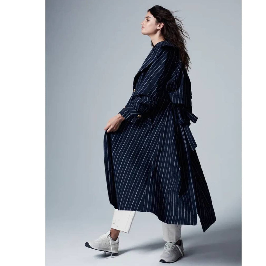 New Free People Melia Mac Coat WTF $228 LARGE Blue Striped Vintage-Inspired